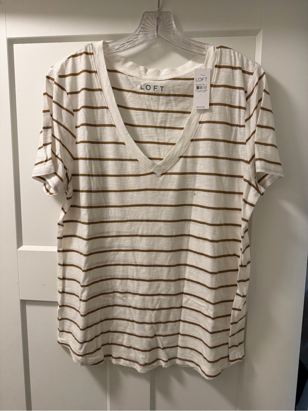 LOFT White and Brown Striped V-Neck Short Sleeve Tee
